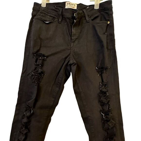 Frame Women's Distressed Denim Jeans Straight Leg Pocket Mid Rise Black Size 30 - Picture 1 of 4